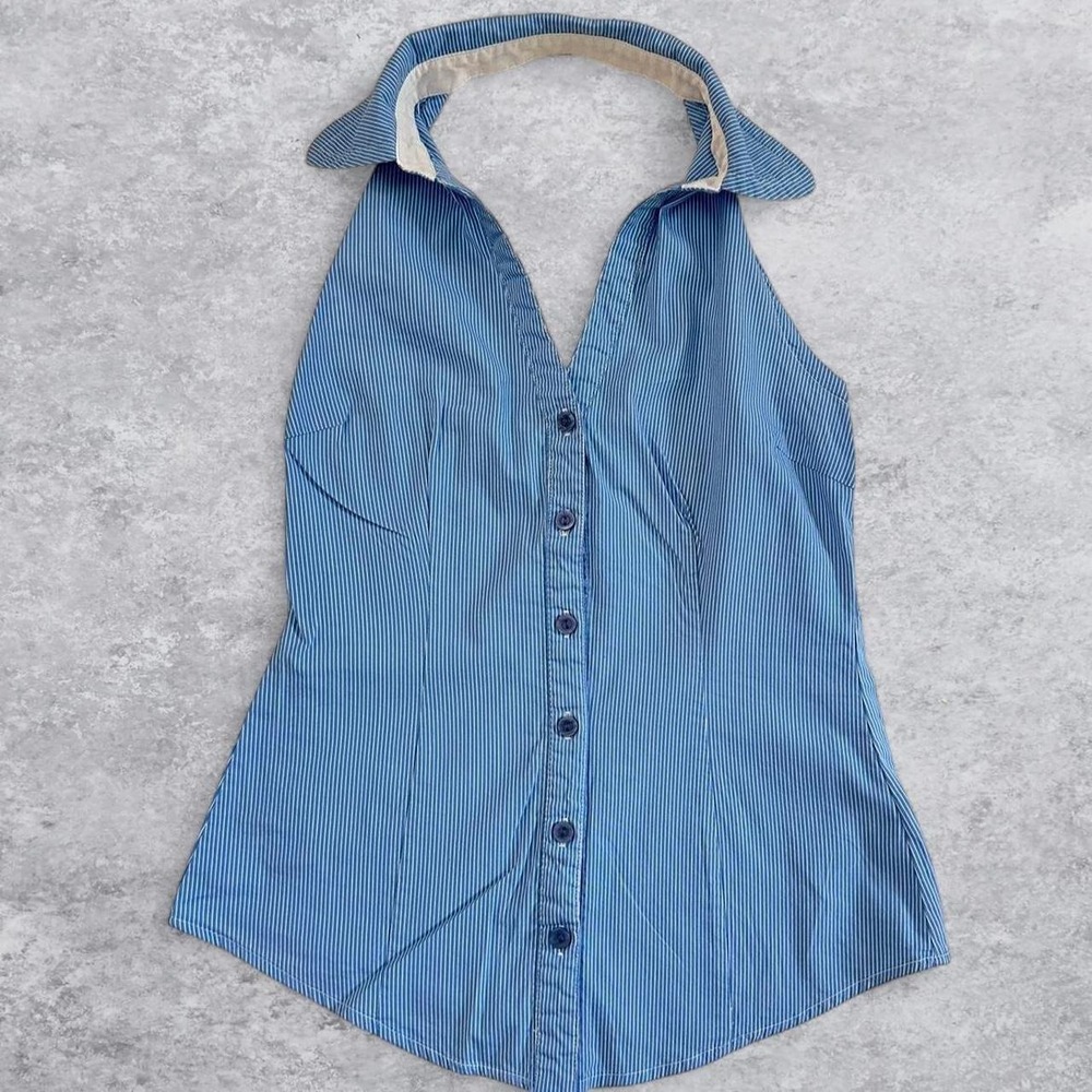 Forever 21 Blue White Pinstripe Halter Top Button Front Collared V-Neck Small